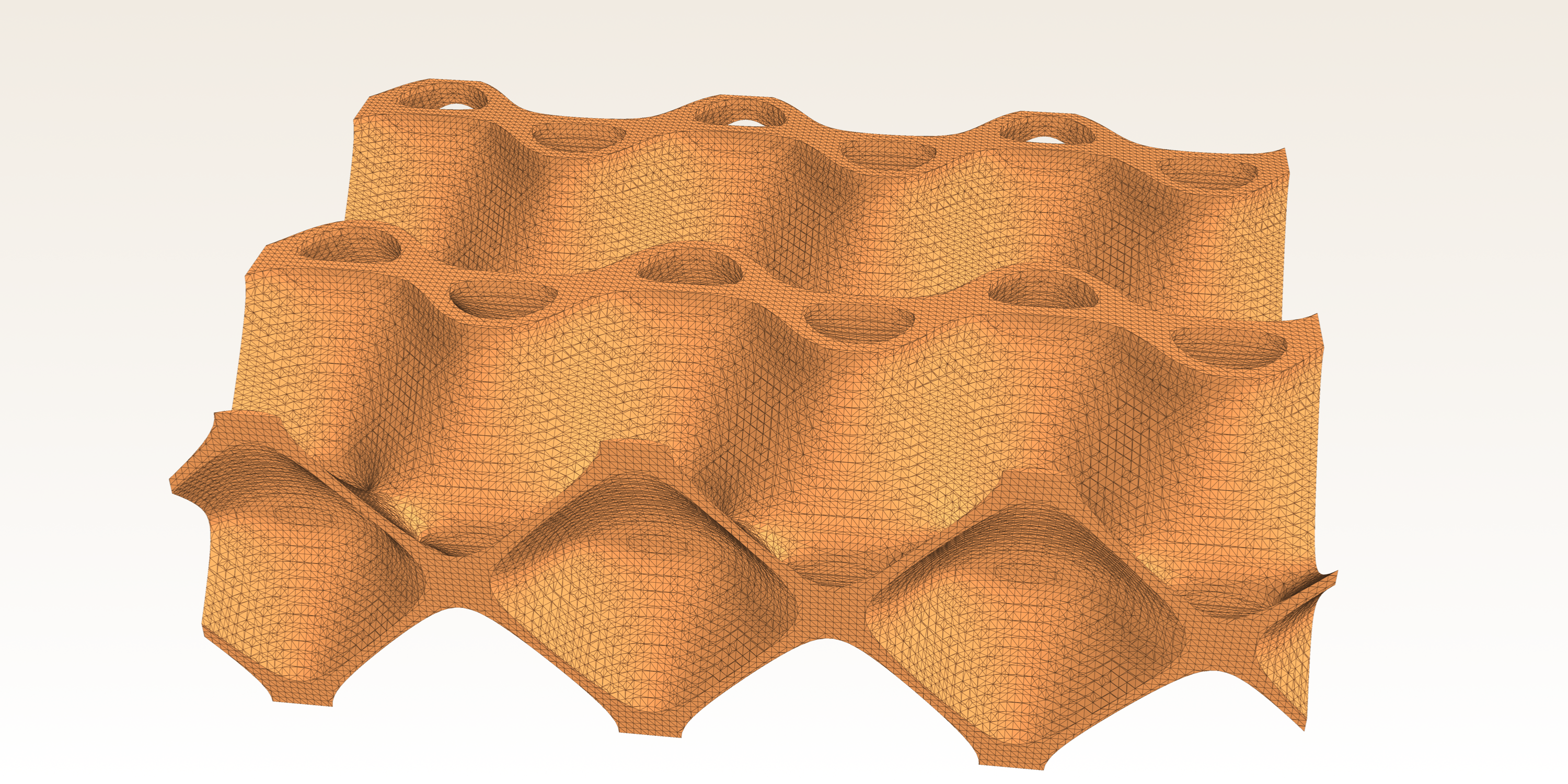 A single TPMS unit cell tiled three by two showing seamless periodicity across cell boundaries
